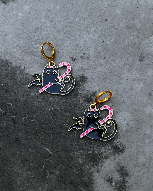 trick or treat candy cane kitten earrings