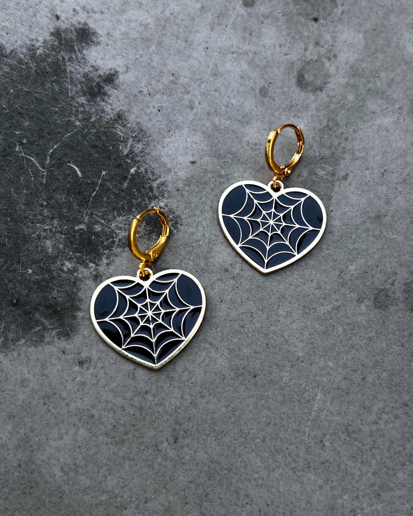 golden spiderwebs heart earrings