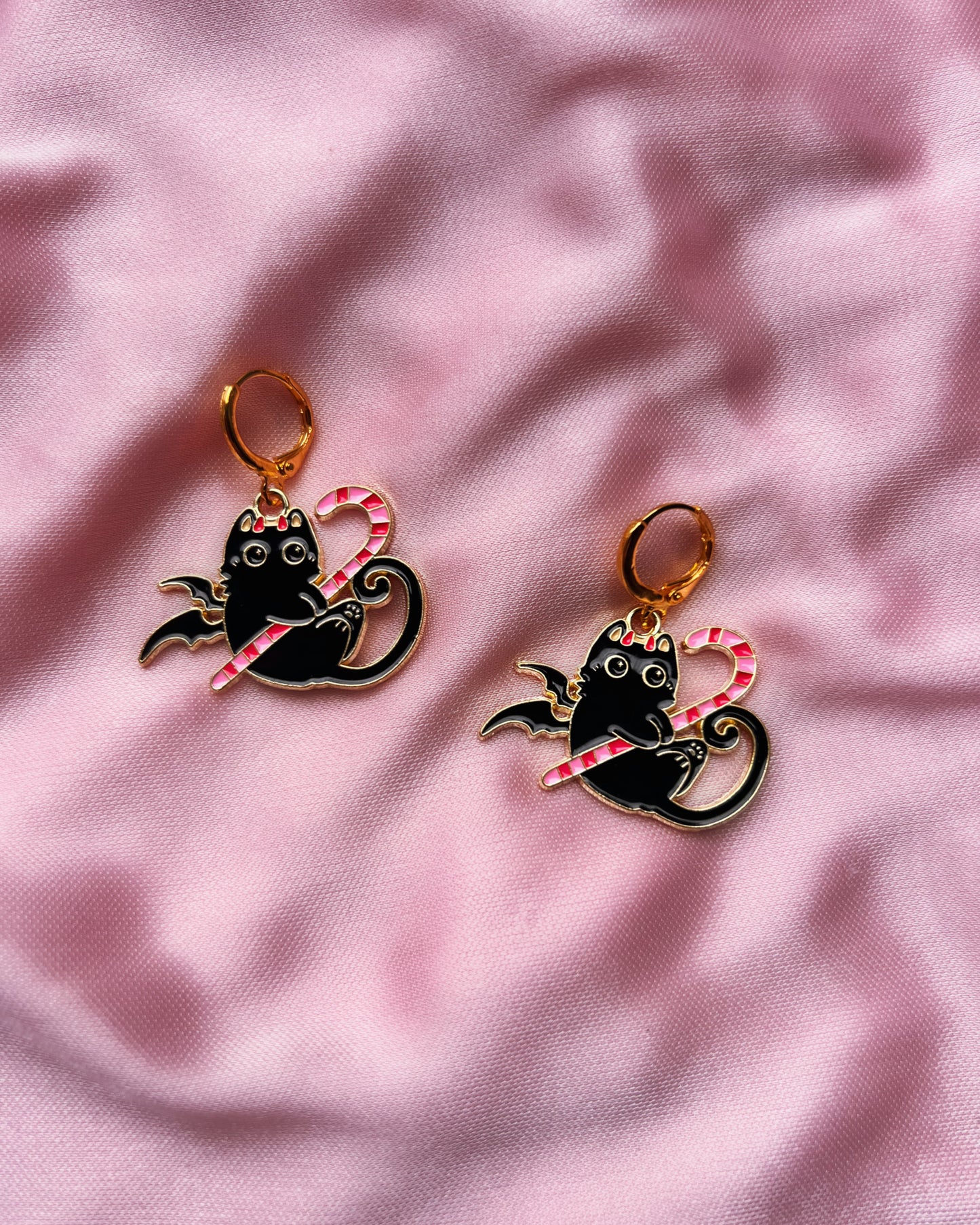 trick or treat candy cane kitten earrings