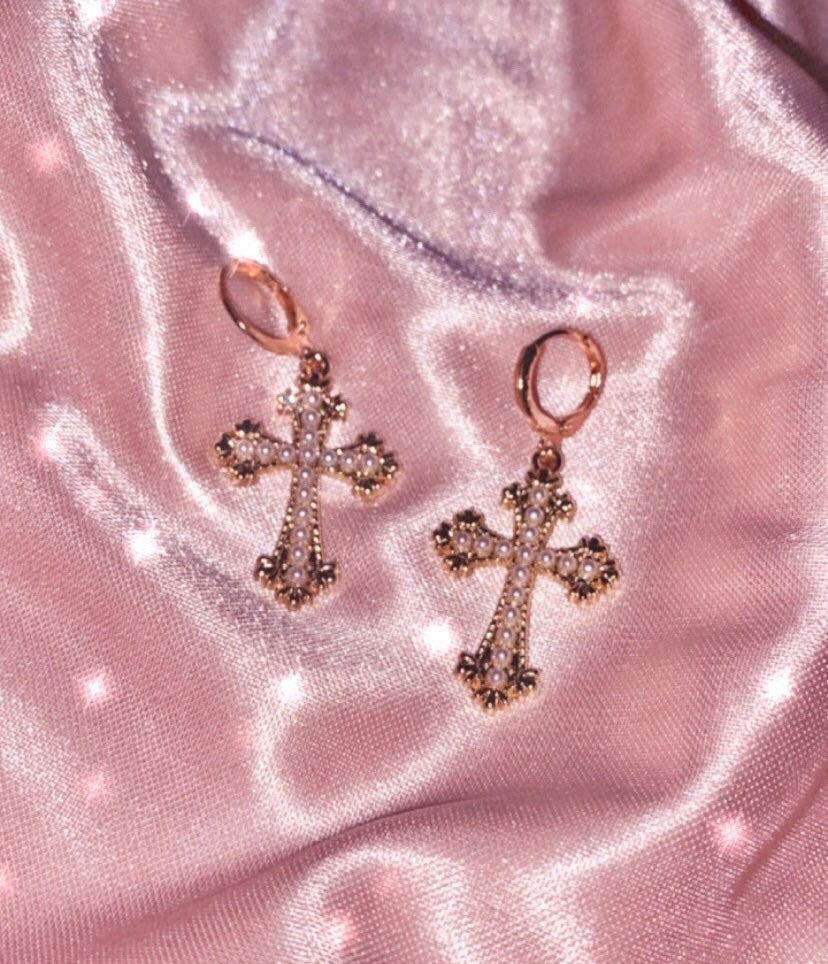 gold pearly cross earrings