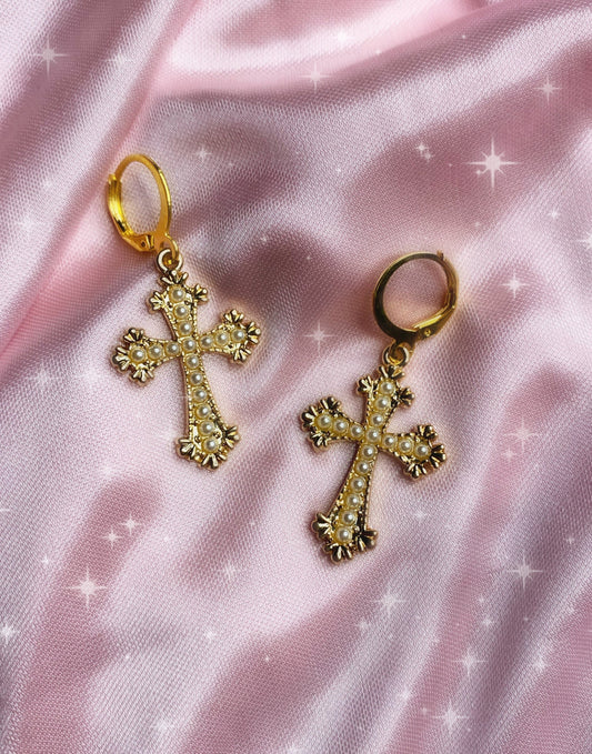 gold pearly cross earrings