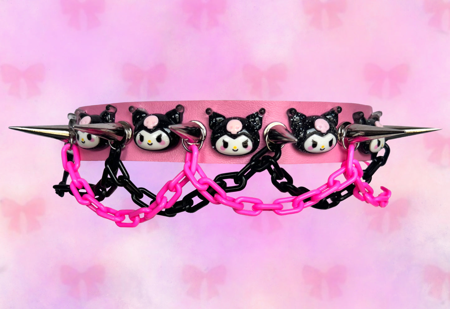 black/pink kuromi multichain studded vegan leather choker